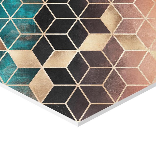 Quadros hexagonais Turquoise Rosé Golden Geometry