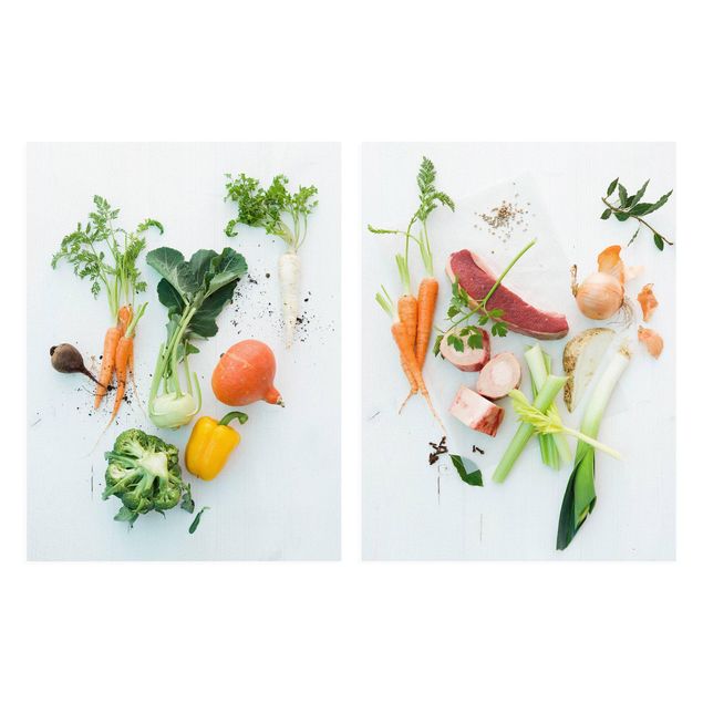 Telas decorativas legumes e fruta Vegetables and beef bouillon