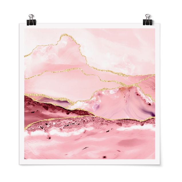 Posters abstratos Abstract Mountains Pink With Golden Lines
