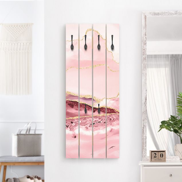 Cabides de parede shabby Abstract Mountains Pink With Golden Lines