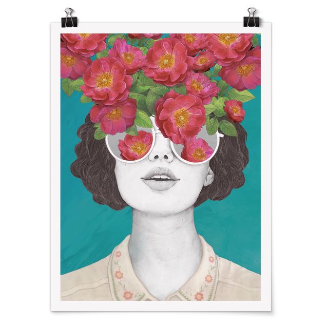 Quadros retratos Illustration Portrait Woman Collage With Flowers Glasses