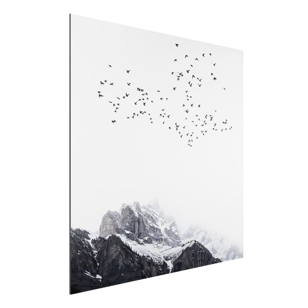 decoraçao para parede de cozinha Flock Of Birds In Front Of Mountains Black And White