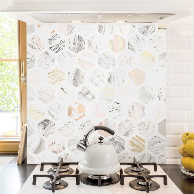 decoraçao para parede de cozinha Marble Hexagons In Beige