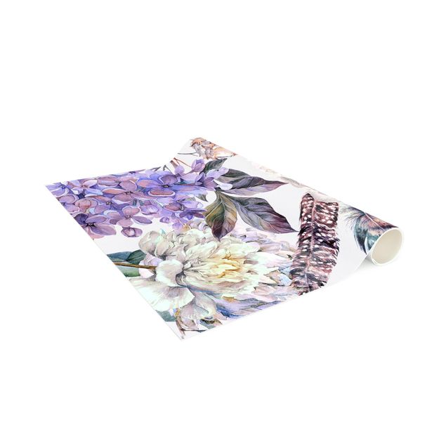 Tapete de flores Delicate Watercolour Boho Flowers And Feathers Pattern