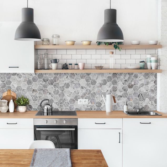 Backsplash de cozinha imitação azulejos Marble Hexagon Tiles - Grey