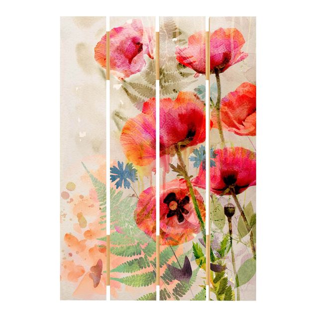 quadro de madeira para parede Watercolour Flowers Poppy