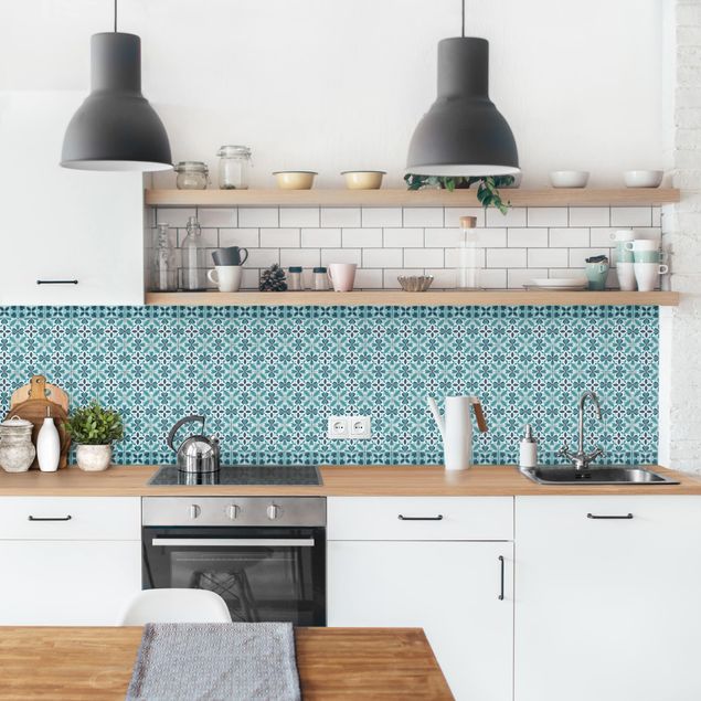 Backsplash de cozinha imitação azulejos Geometrical Tile Mix Blossom Turquoise