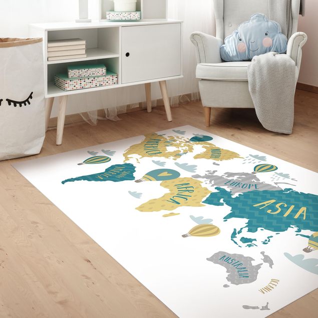 tapete para sala moderno World Map with Hot-Air Balloon