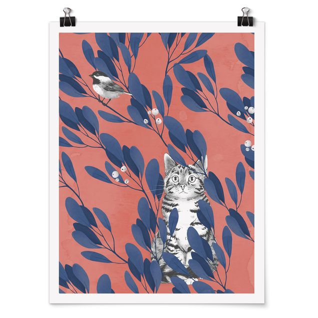 Posters animais Illustration Cat And Bird On Branch Blue Red