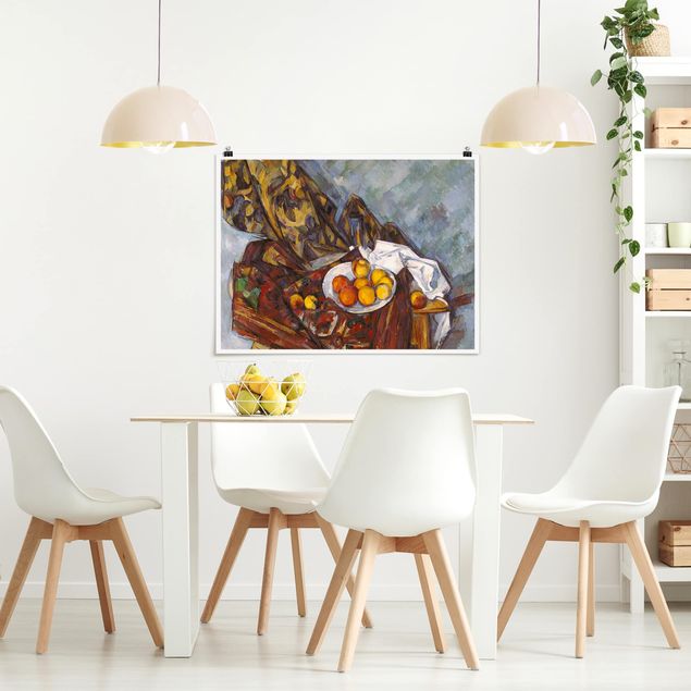 Quadros movimento artístico Impressionismo Paul Cézanne - Still Life, Flower Curtain, And Fruits