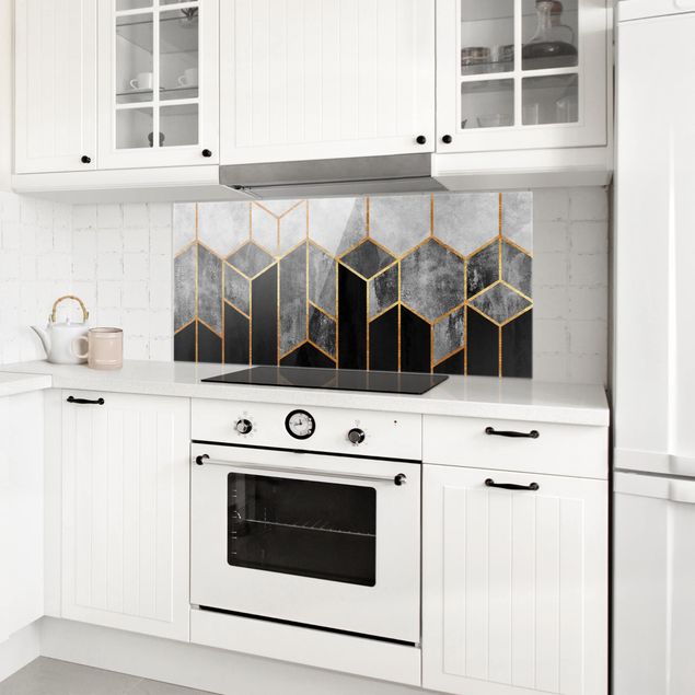 Painel anti-salpicos de cozinha padrões Golden Hexagons Black And White