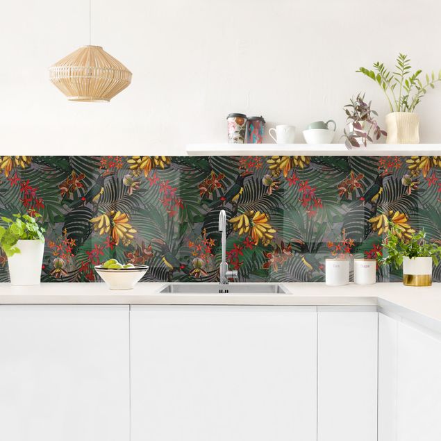Backsplash de cozinha flores Tropical Ferns With Tucan Green