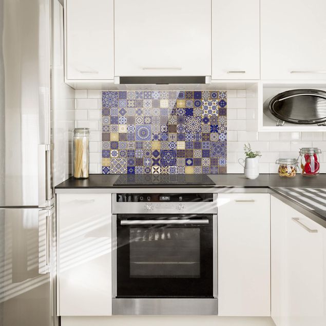 Painel anti-salpicos de cozinha padrões Oriental Tiles Blue With Golden Shimmer