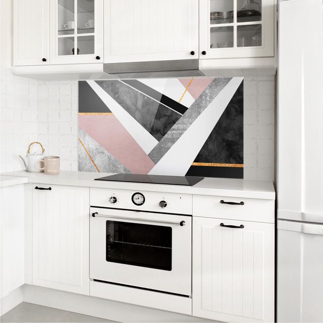 Painel anti-salpicos de cozinha padrões Black And White Geometry With Gold