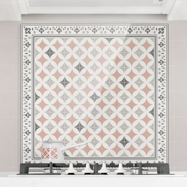decoraçao cozinha Geometrical Tiles Circular Flowers Orange With Border