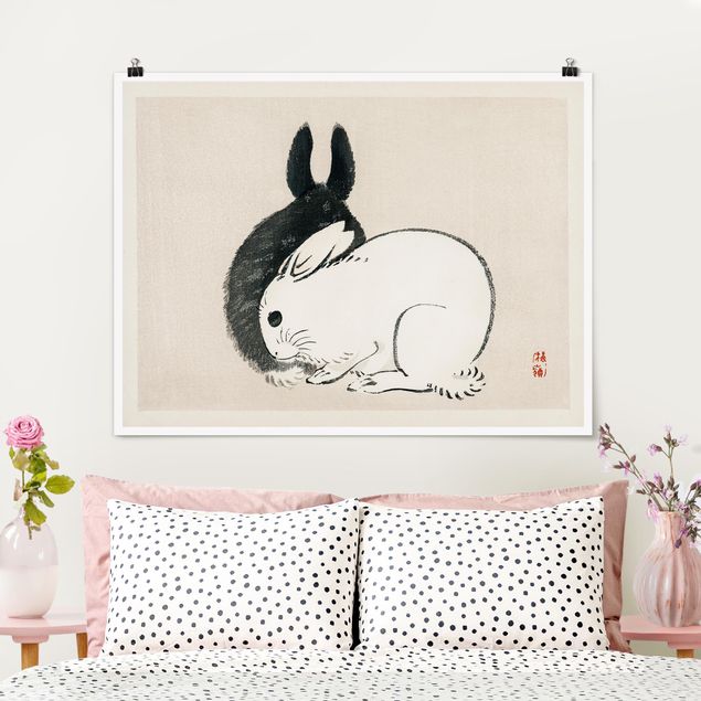 decoraçao para parede de cozinha Asian Vintage Drawing Two Bunnies
