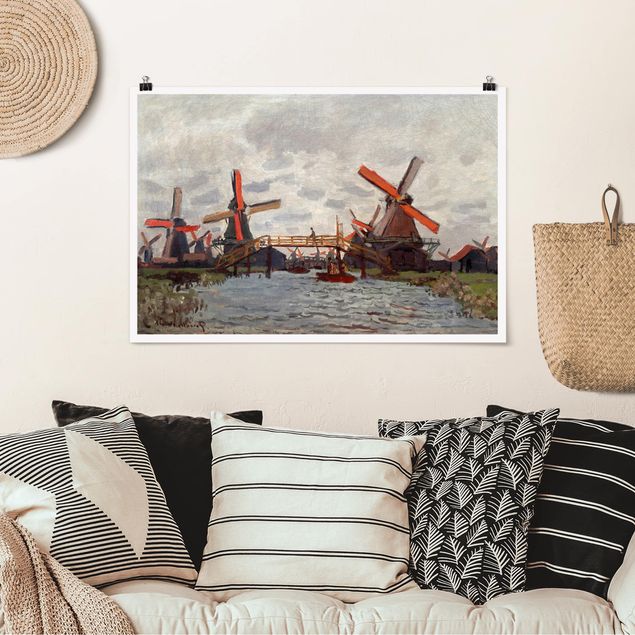 decoraçao para parede de cozinha Claude Monet - Windmills in Westzijderveld near Zaandam