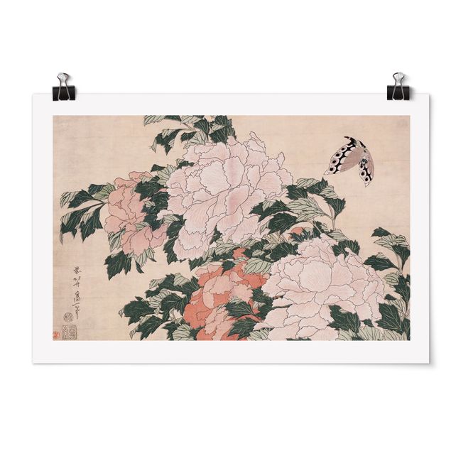 Posters flores Katsushika Hokusai - Pink Peonies With Butterfly