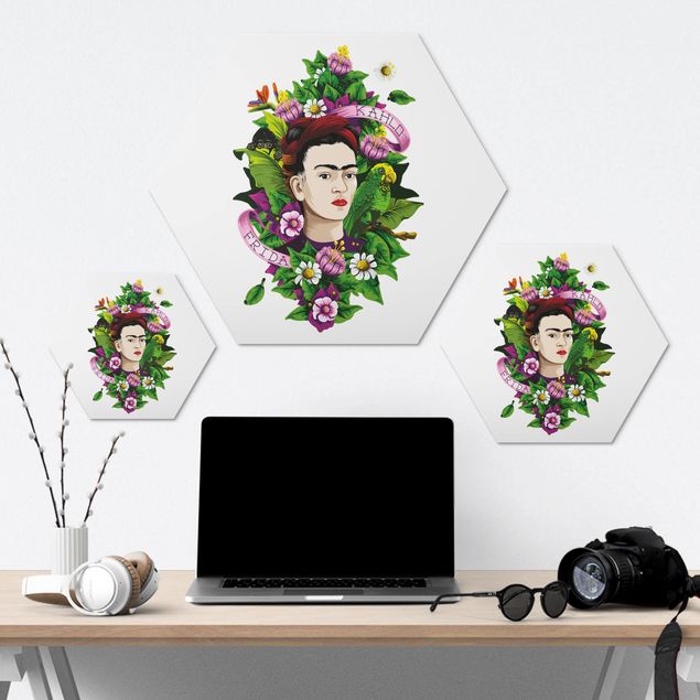 Quadros hexagonais Frida Kahlo - Frida, Monkey And Parrot