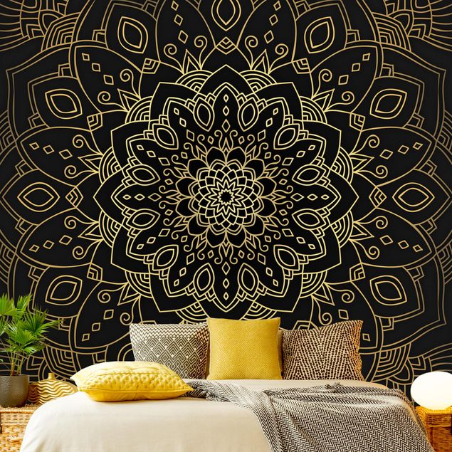 Papel de parede ornamental Mandala Flower Pattern Gold Black