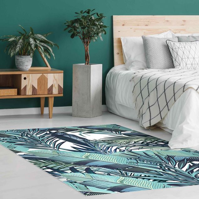 tapetes sala modernos Turquoise Leaves Jungle Pattern