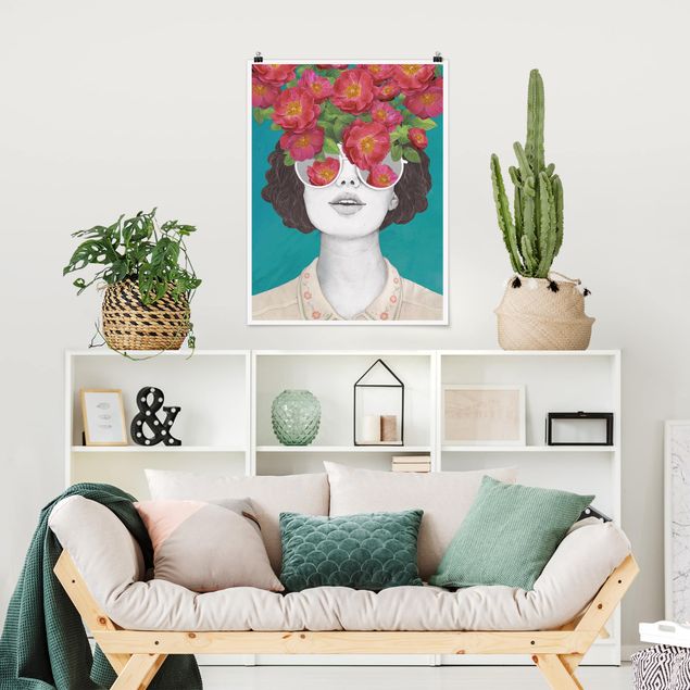 decoraçoes cozinha Illustration Portrait Woman Collage With Flowers Glasses