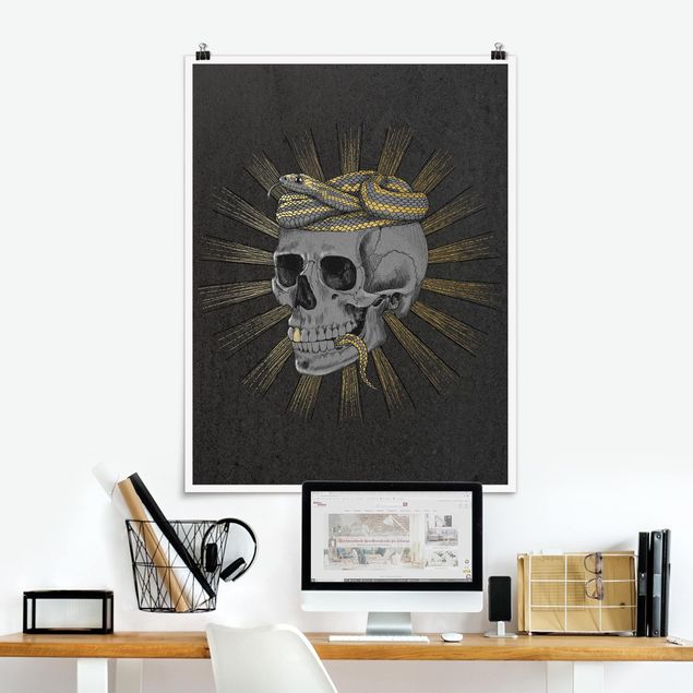Posters quadros famosos Illustration Skull And Snake Black Gold