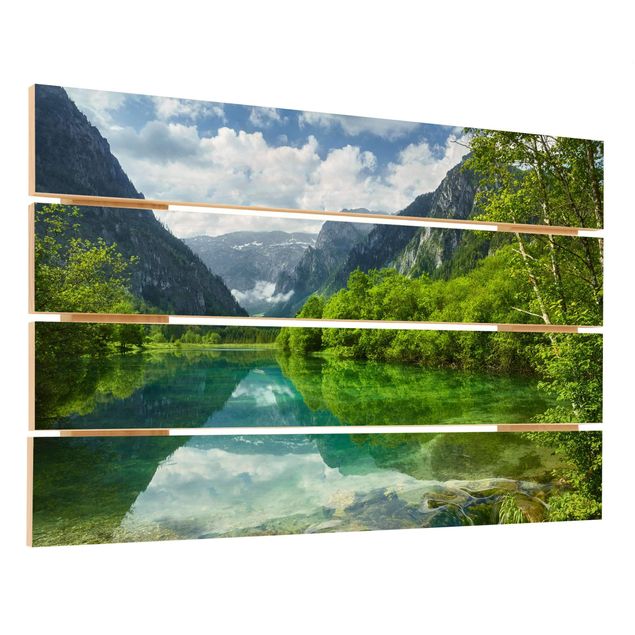 quadro de madeira para parede Mountain Lake With Water Reflection