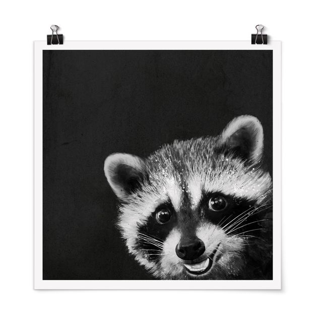 Posters quadros famosos Illustration Racoon Black And White Painting