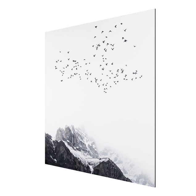 quadro com paisagens Flock Of Birds In Front Of Mountains Black And White