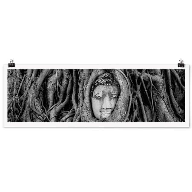 Quadros florais Buddha In Ayutthaya Lined From Tree Roots In Black And White