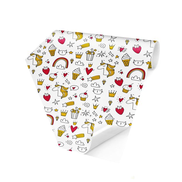 Papel de parede branco Unicorns And Sweets In Yellow And Red