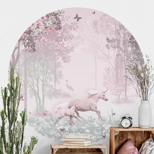decoração para quartos infantis Unicorn On Flowering Meadow In Pink