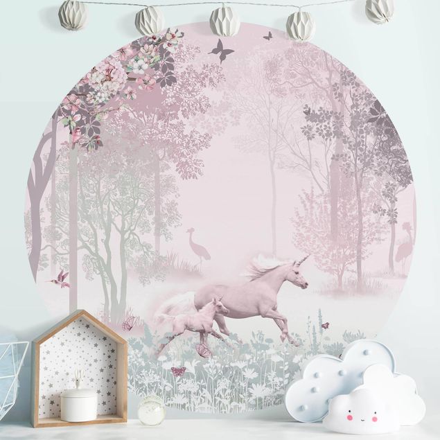 papéis de parede com borboletas Unicorn On Flowering Meadow In Pink