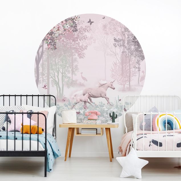 papel de parede moderno para sala Unicorn On Flowering Meadow In Pink