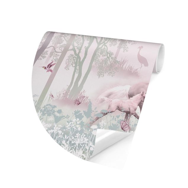 papel de parede com paisagem Unicorn On Flowering Meadow In Pink