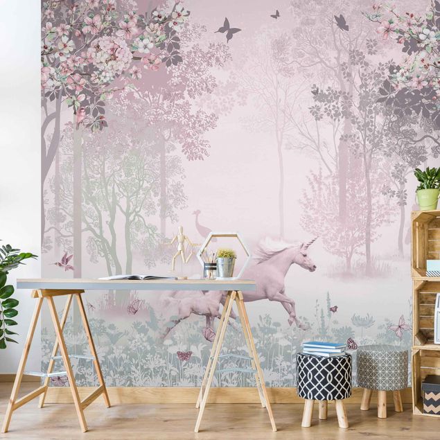 Papel de parede florestas Unicorn On Flowering Meadow In Pink