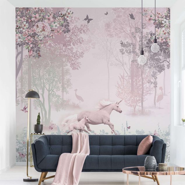 papel de parede moderno Unicorn On Flowering Meadow In Pink