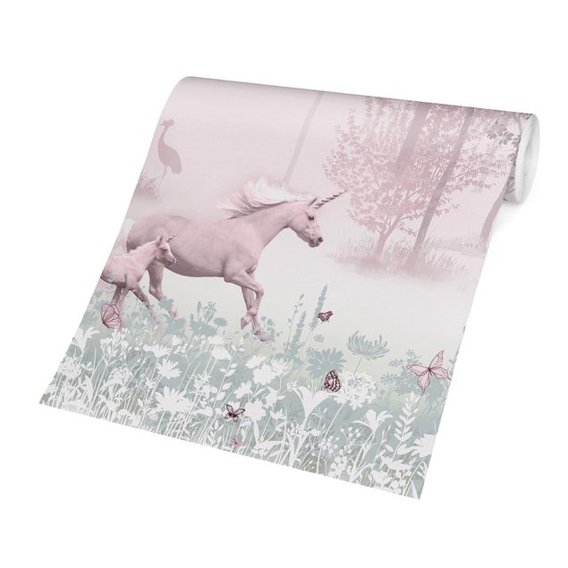 Papel de parede paisagens Unicorn On Flowering Meadow In Pink