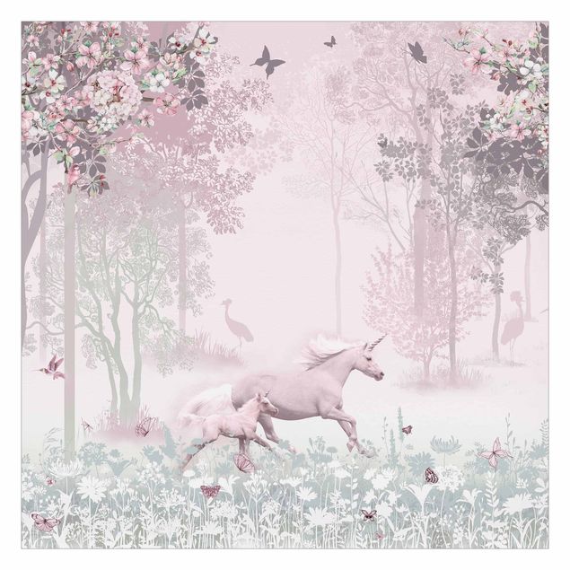 Papel de parede rosa Unicorn On Flowering Meadow In Pink