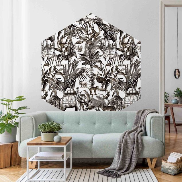 Papel de parede zebras Elephants Giraffes Zebras And Tiger Black And White With Brown Tone
