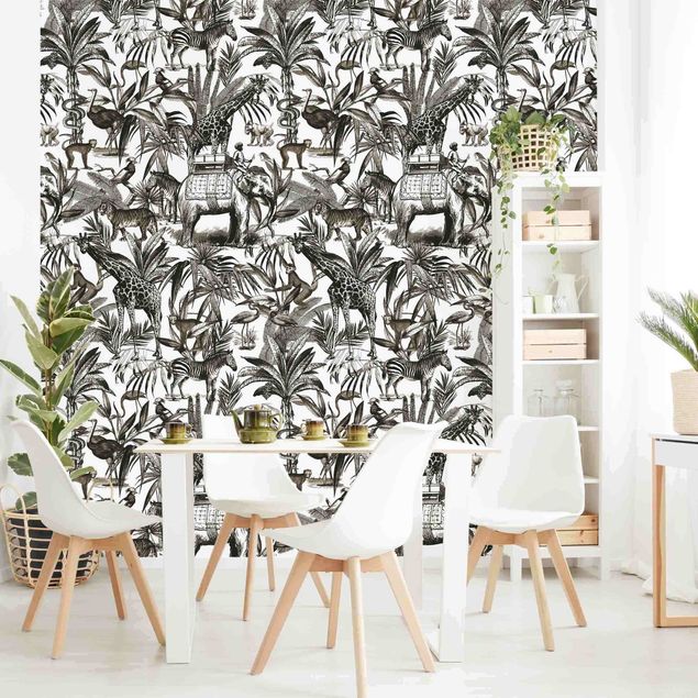 Papel de parede tigres Elephants Giraffes Zebras And Tiger Black And White With Brown Tone
