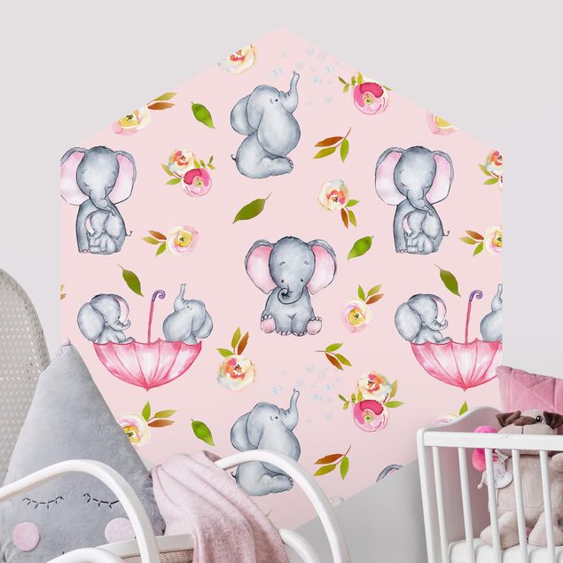 decoração para quartos infantis Elephant With Flowers In Front Of Pink