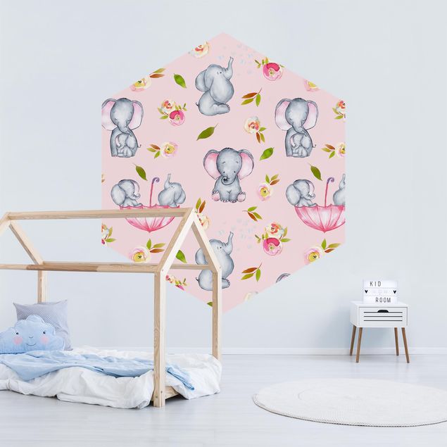 papel de parede moderno para sala Elephant With Flowers In Front Of Pink