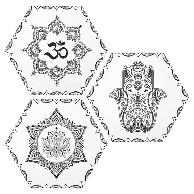 Quadros zen Hamsa Hand Lotus OM Illustration Set Black And White