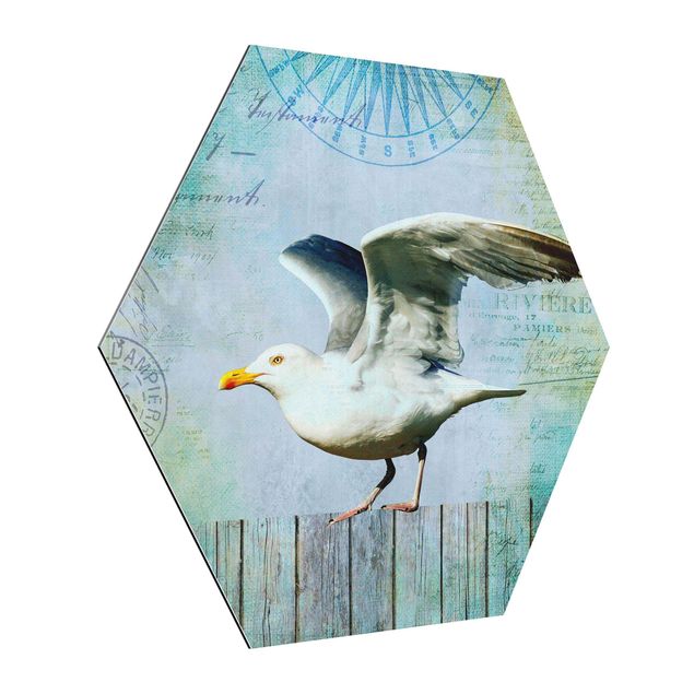 Quadros retro Vintage Collage - Seagull On Wooden Planks