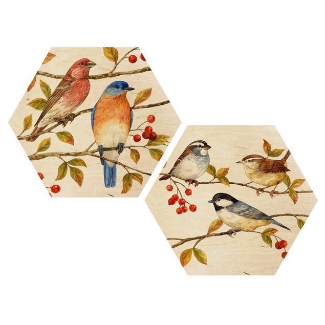 quadros em madeira para decoração Birds And Berries Set I