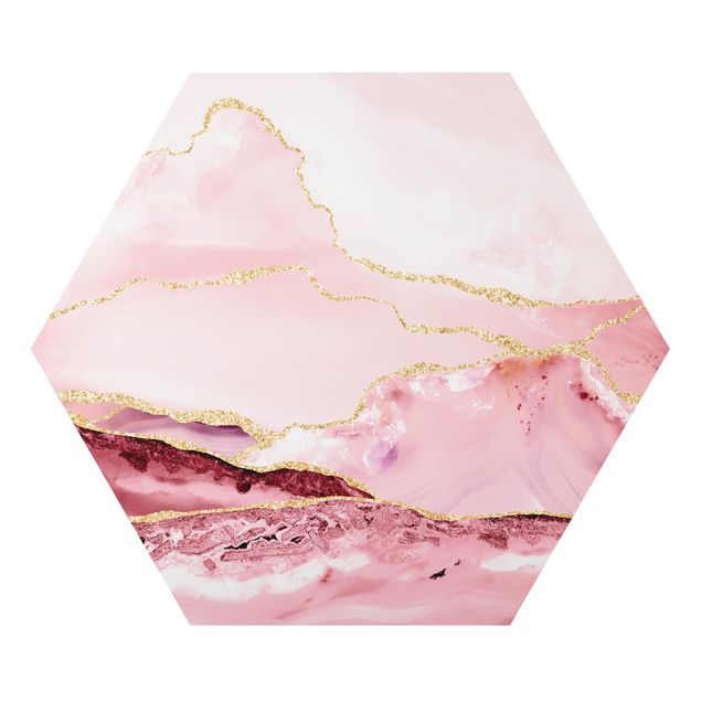 Quadros abstratos Abstract Mountains Pink With Golden Lines