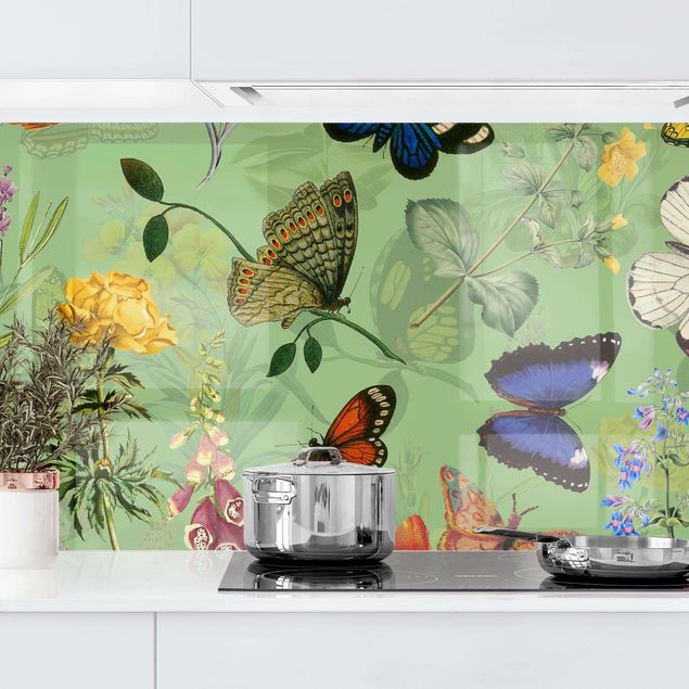 decoraçao cozinha Butterflies With Flowers On Green