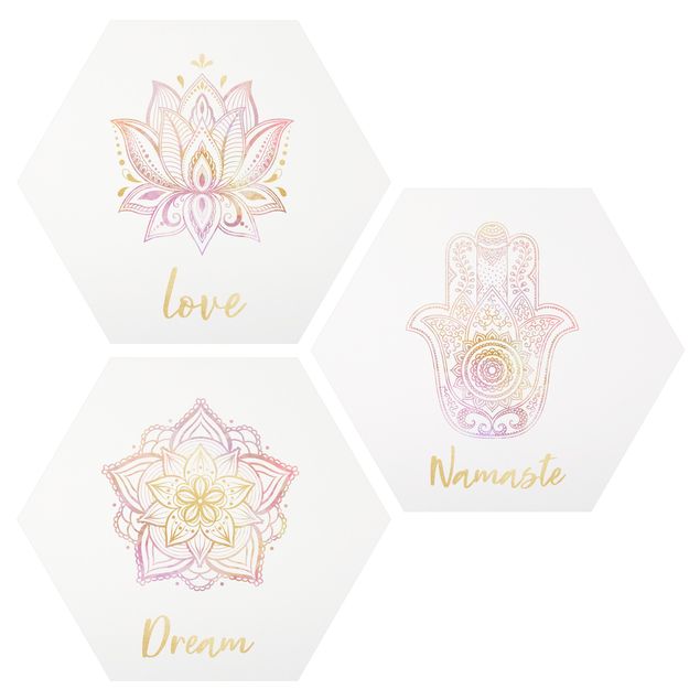Quadros zen Mandala Namaste Lotus Set Gold Light Pink